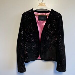 Saguaro Womens Black Suede Laser Cut Jacket Pink Satin Lining Size XL